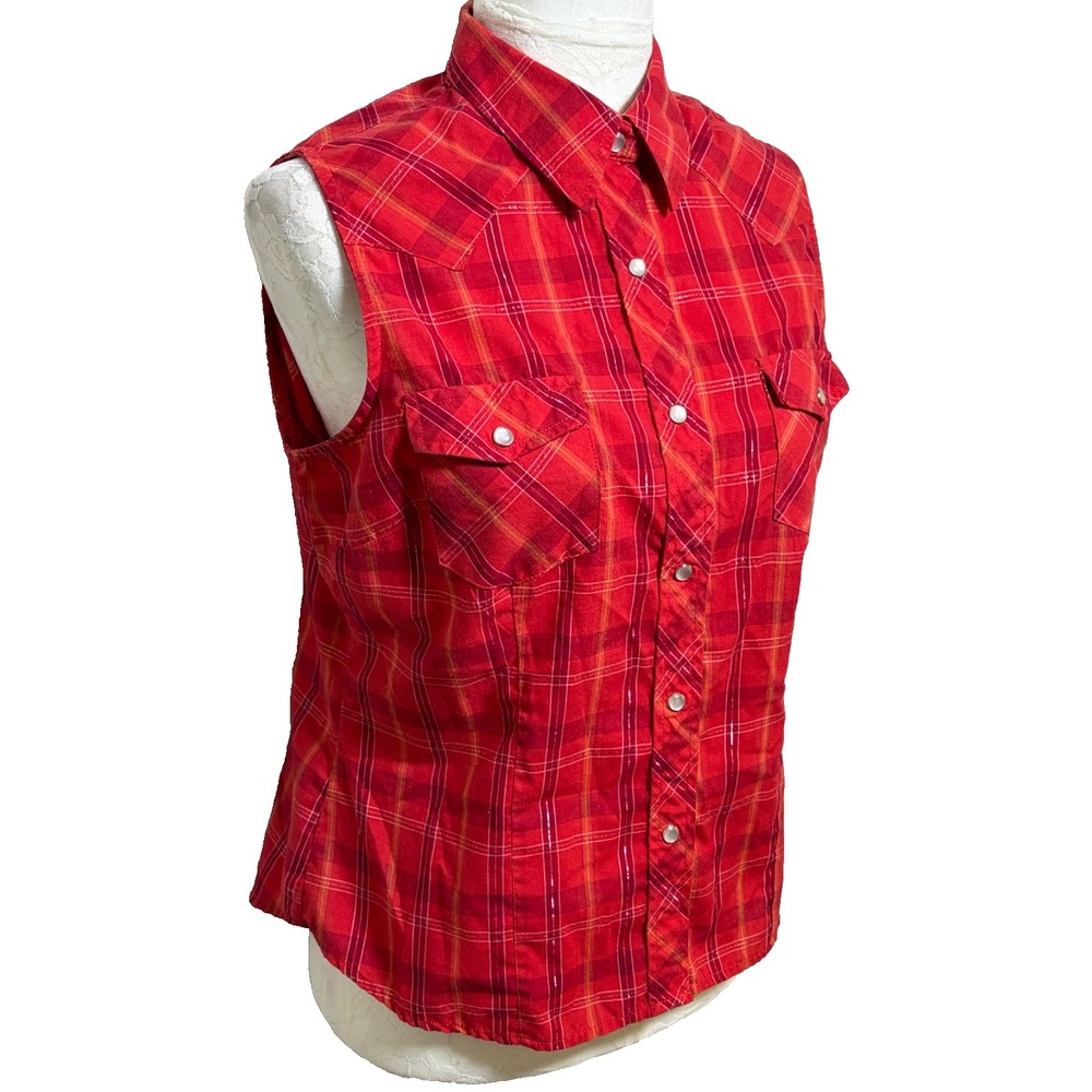 Vtg ROPER Red Plaid Pearl Snap Western Shirt~Womens M~Sleeveless Cowgirl Rodeo - Picture 3 of 14